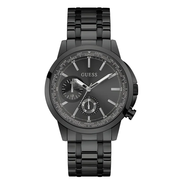 Black Guess watch featuring a sleek design with multiple dials, silver accents, and a polished metal bracelet.